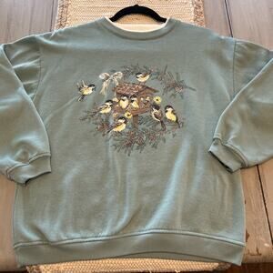 Vtg Basic Editions Green Chickadee Bird Birdhouse Grandma Granny Sweatshirt M